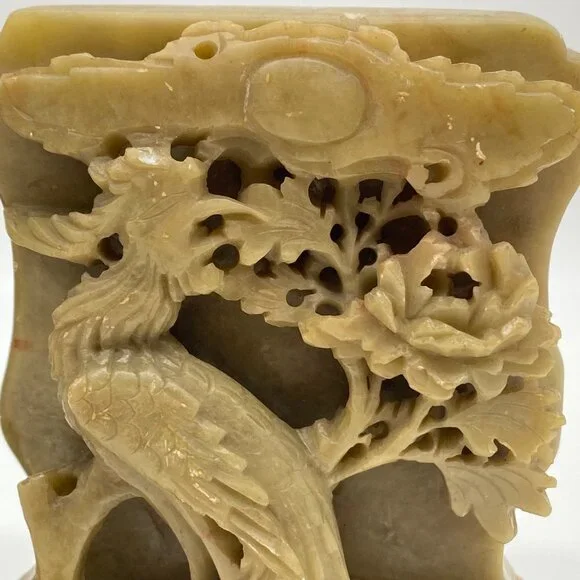 Vintage Pair of Hand-Carved Green Soapstone Bookends Phoenix Bird Lotus Flower - Picture 4 of 16